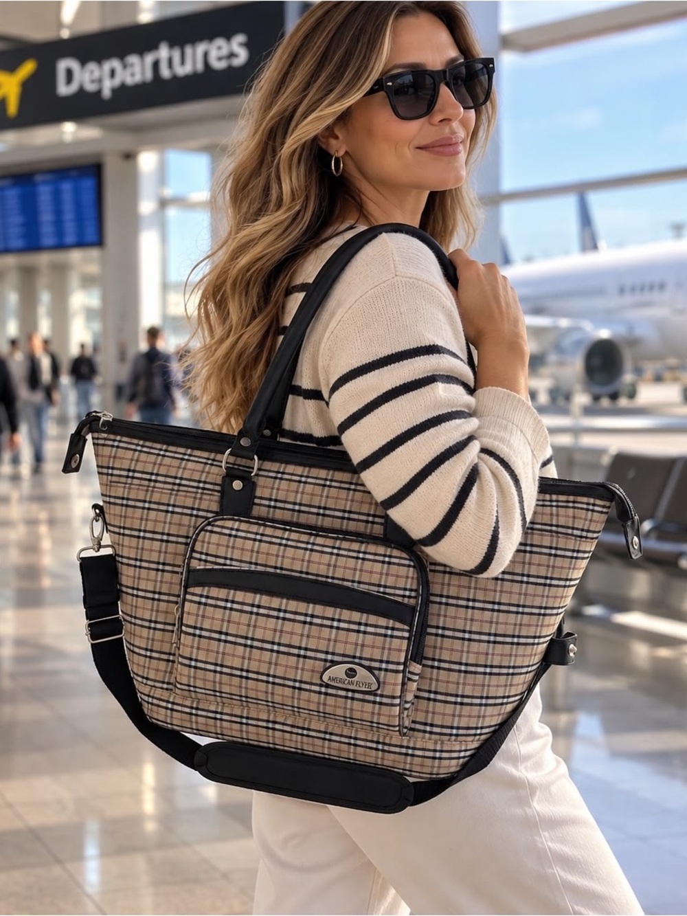 American Flyer Travel Tote Bag Weekend Carry-On Luggage Plaid Check